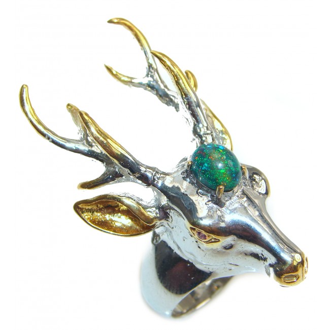 Large Deer Head Black Opal .925 Sterling Silver handmade Ring size 8 3/4