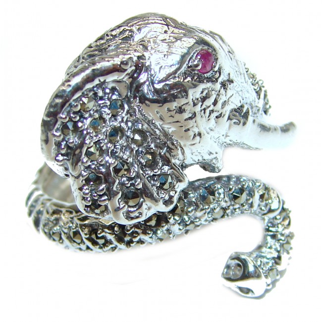 Elephant Natural Marcasite Ruby .925 Statement Sterling Silver ring size 8