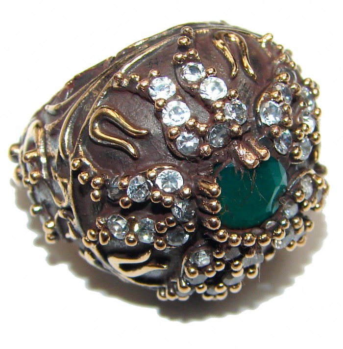 Victorian Style created Emerald & White Topaz Sterling Silver Ring s. 6 1/4