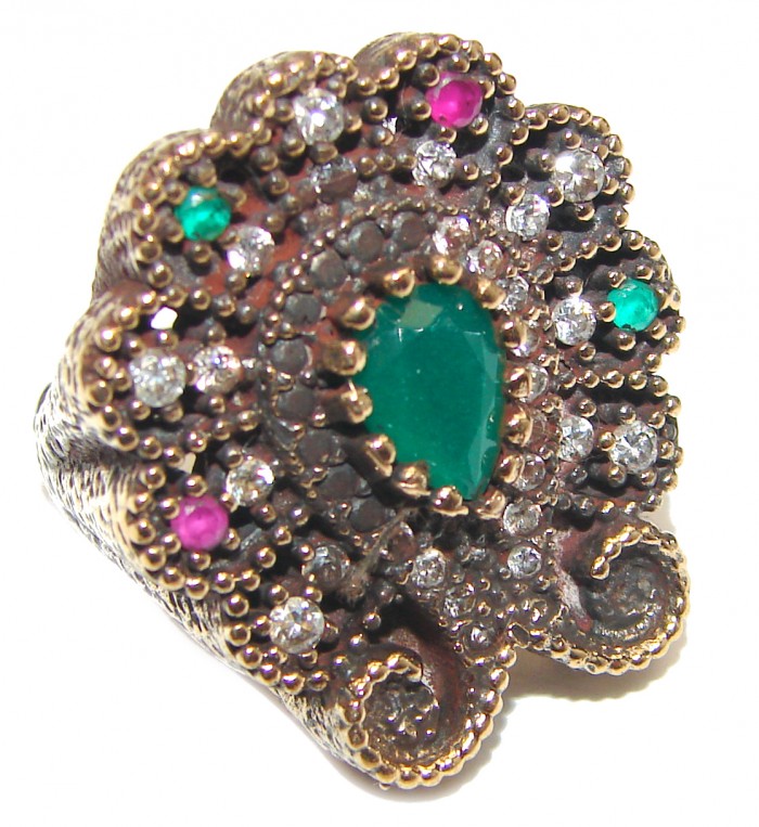 Victorian Style created Emerald & White Topaz Copper over Sterling Silver ring; s. 5