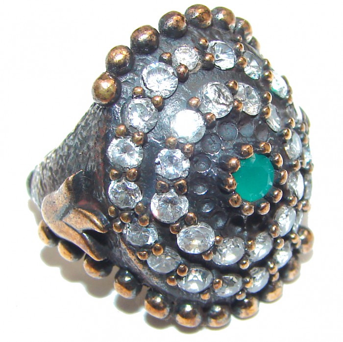 Victorian Style created Emerald & White Topaz Sterling Silver Ring s. 7