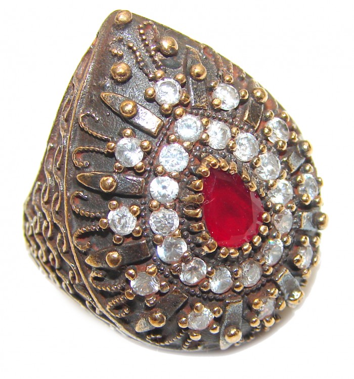 Large Victorian Style created Ruby & White Topaz Sterling Silver ring; s. 7