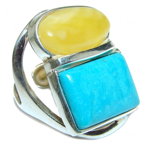 Real Beauty Butterscotch Baltic Amber Turquoise .925 Sterling Silver handmade Ring size 7 adjustable