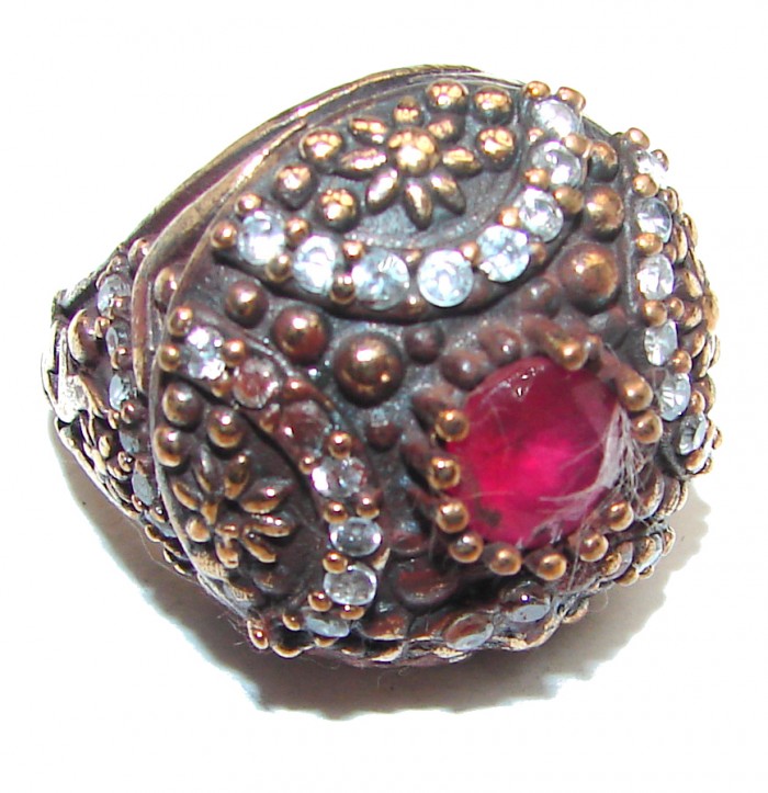 Victorian Style created Ruby & White Topaz Copper over Sterling Silver ring; s. 6 1/4