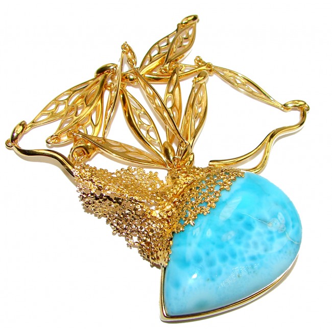 Great Masterpiece 42.5 grams genuine AAAAA QUALITY Larimar 24K Gold over .925 Sterling Silver handmade necklace