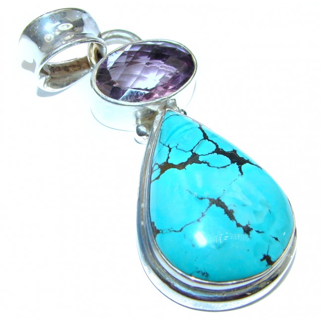 Incredible Spider Web Turquoise .925 Sterling Silver handmade Pendant