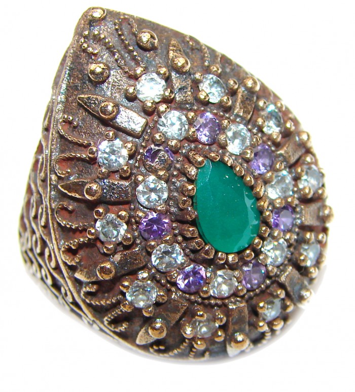 Victorian Style created Emerald & White Topaz Copper over Sterling Silver ring; s. 7 1/2