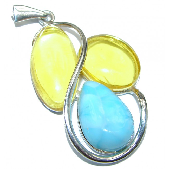 Perfct together Natural Baltic Butterscotch Amber Larimar .925 Sterling Silver handmade Pendant