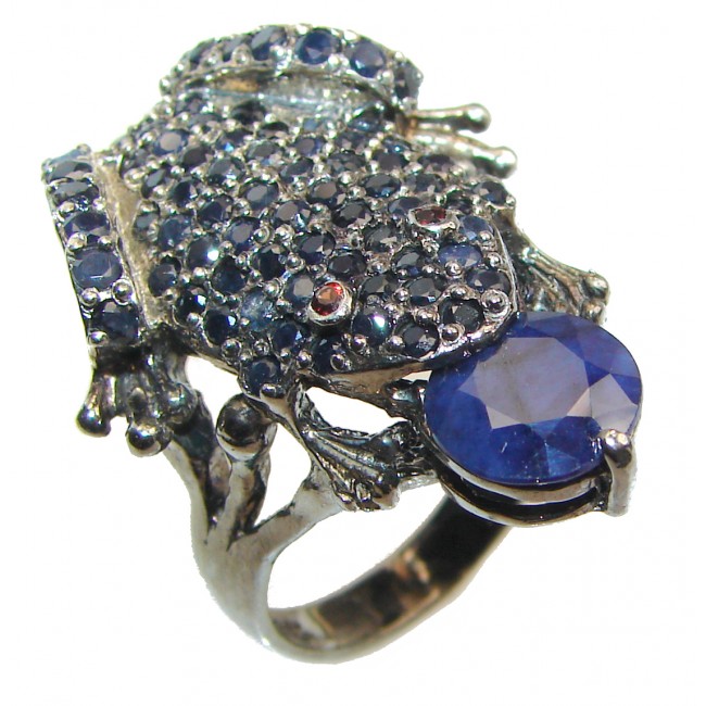 Large Frog Genuine Sapphire black rhodium over .925 Sterling Silver handcrafted Statement Ring size 9