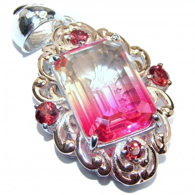 Deluxe Emerald cut Pink Topaz 18K Gold over .925 Sterling Silver handmade Pendant