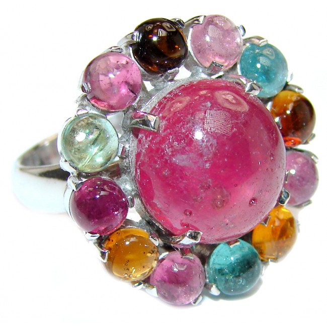 Genuine 14 ctw Star Ruby Watermelon Tourmaline .925 Sterling Silver handcrafted Statement Ring size 7