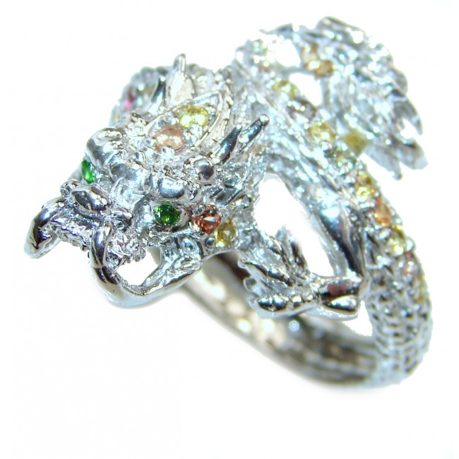 Huge Dragon multicolor Sapphire .925 Sterling Silver Thai Dragon Ring s. 8