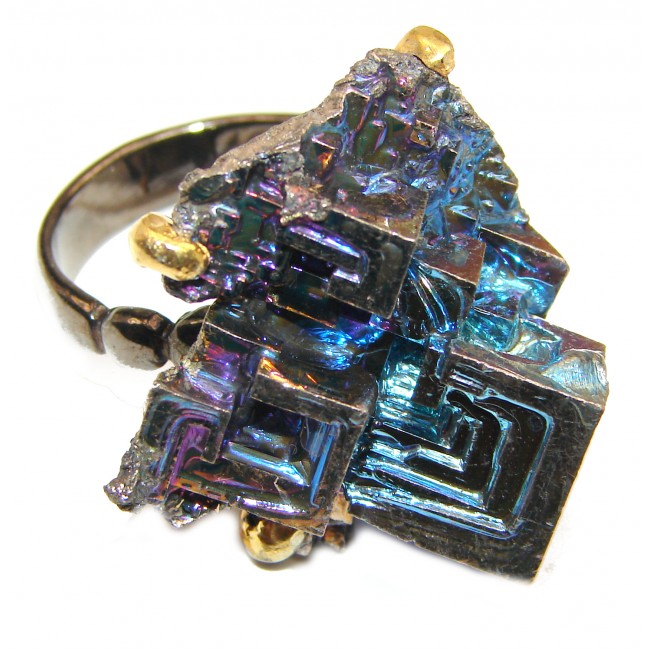 Natural Bismuth Crystal black rhodium over .925 Sterling Silver handmade Poison Ring size 9