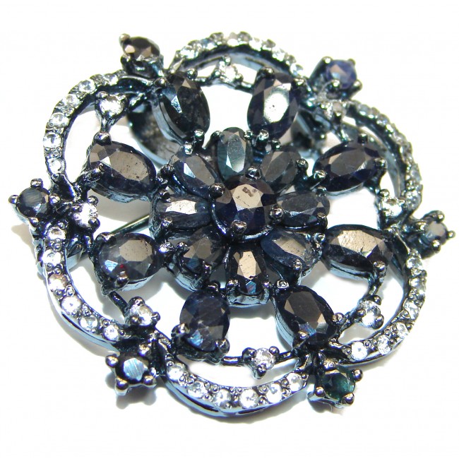 Large Blue Flower genuine black Sapphire .925 Sterling Silver handmade Pendant - Brooch