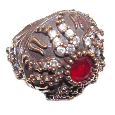 Victorian Style created Ruby & White Topaz Copper over Sterling Silver ring; s. 6 1/4