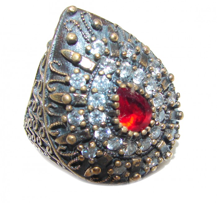 Large Victorian Style created Ruby & White Topaz Sterling Silver ring; s. 7