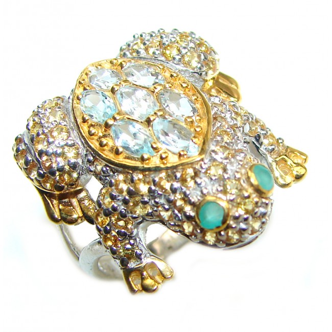 Large Frog Genuine Swiss Blue Topaz Emerald 18K Gold over .925 Sterling Silver handcrafted Statement Ring size 8