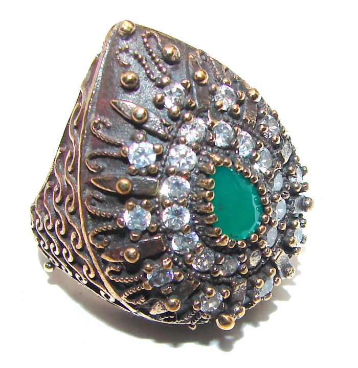 Victorian Style created Emerald & White Topaz Copper over Sterling Silver ring; s. 7 1/2