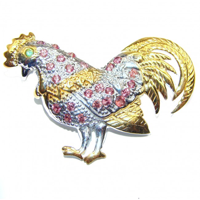 Rooster authentic RUBY .925 Sterling Silver handmade Pendant Brooch