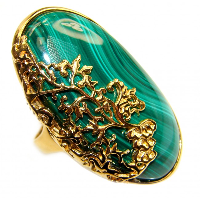 Natural Best quality Malachite 14k Gold over .925 Sterling Silver handcrafted ring size 8 1/4