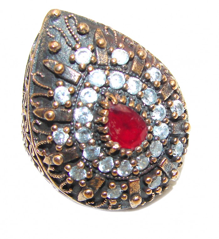 Large Victorian Style created Ruby & White Topaz Sterling Silver ring; s. 6