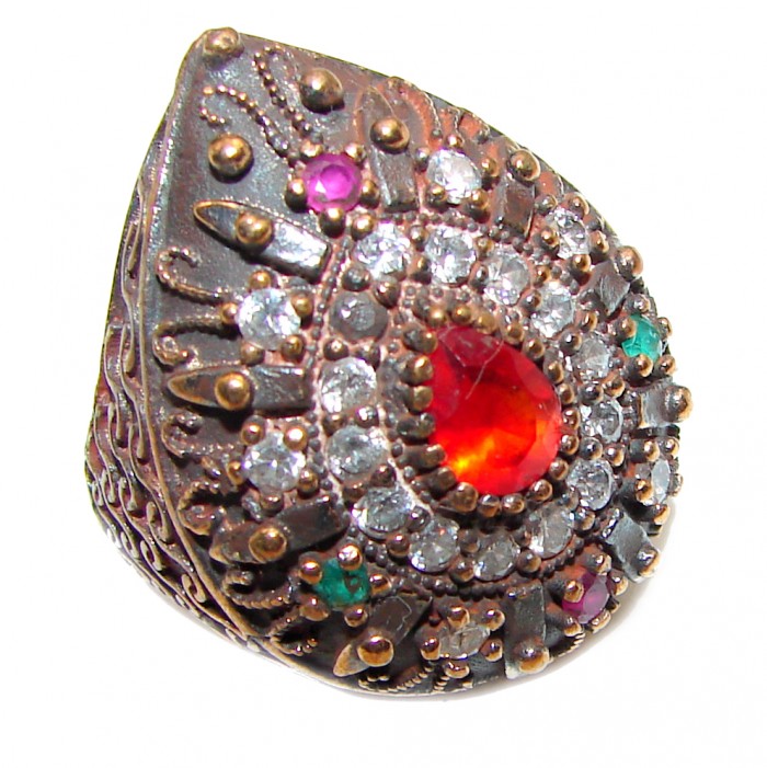 Large Victorian Style created Ruby & White Topaz Sterling Silver ring; s. 6 1/2