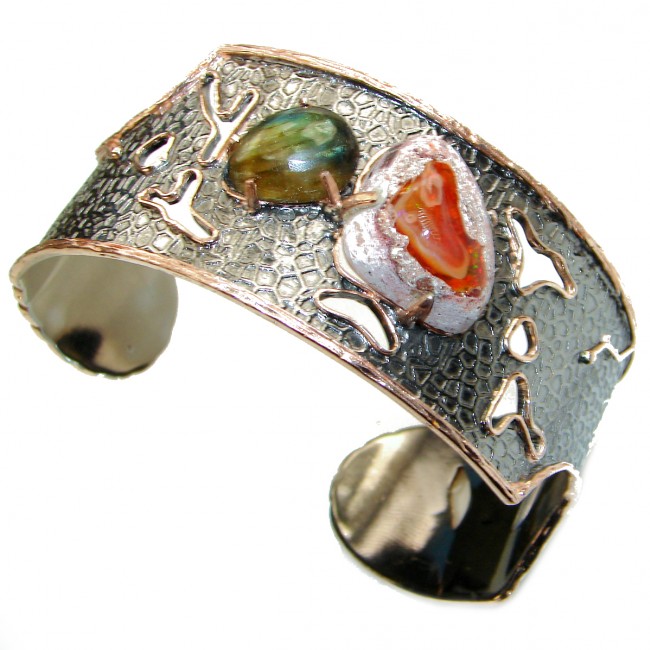 Enchanted Forest Mexican Opal Rose 14K Gold Rhodium over .925 Sterling Silver Bracelet / Cuff