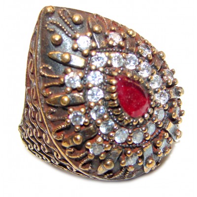 Large Victorian Style created Ruby & White Topaz Sterling Silver ring; s. 5 1/2