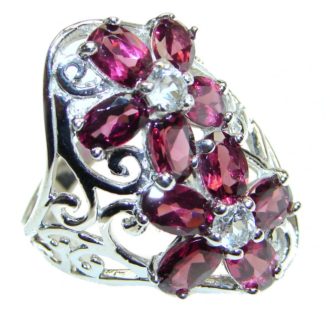 Fabulous natural Red Garnet & White Topaz & .925 Sterling Silver handcrafted ring size 9
