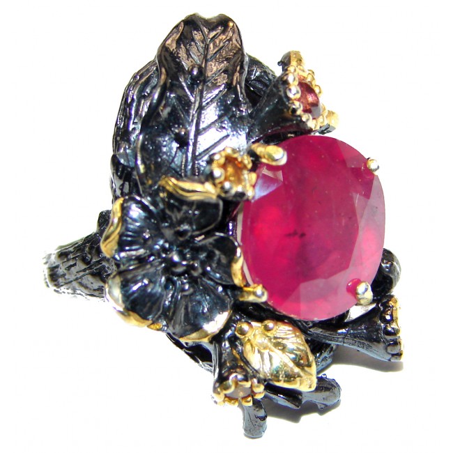 Genuine Ruby 18K Gold black rhodium .925 Sterling Silver handcrafted Statement Ring size 8 3/4