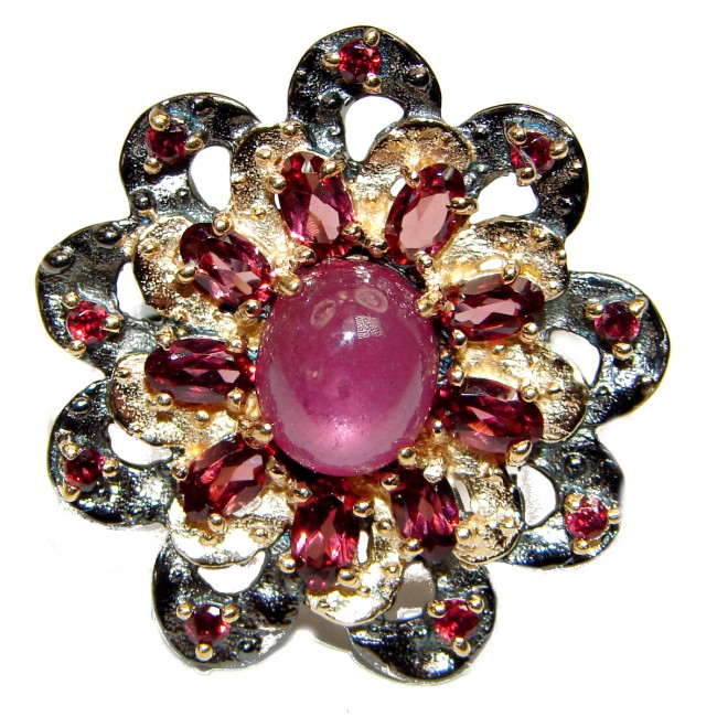 Genuine Ruby 18K Gold black rhodium .925 Sterling Silver handcrafted Statement Ring size 7