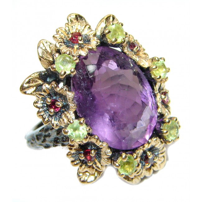 Chunky oval cut 22ctw Amethyst gold over .925 Sterling Silver handcrafted ring s. 7 1/2