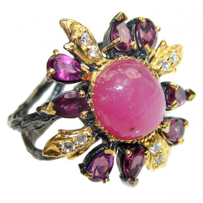 Genuine Star Ruby 2 tones .925 Sterling Silver handcrafted Statement Ring size 9