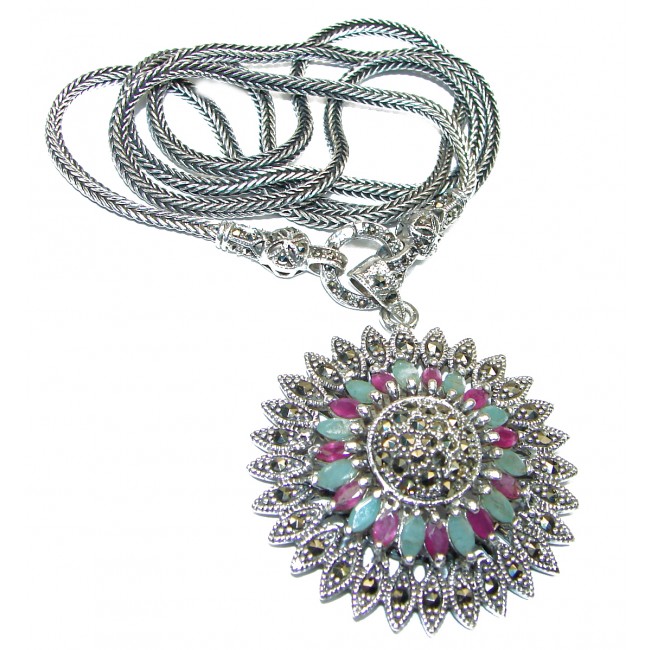 Fortune And Happiness Ruby Emerald Marcasite .925 Sterling Silver necklace