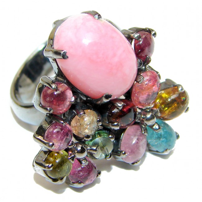 Pink Opal Tourmaline black rhodium over .925 Sterling Silver handcrafted ring size 8
