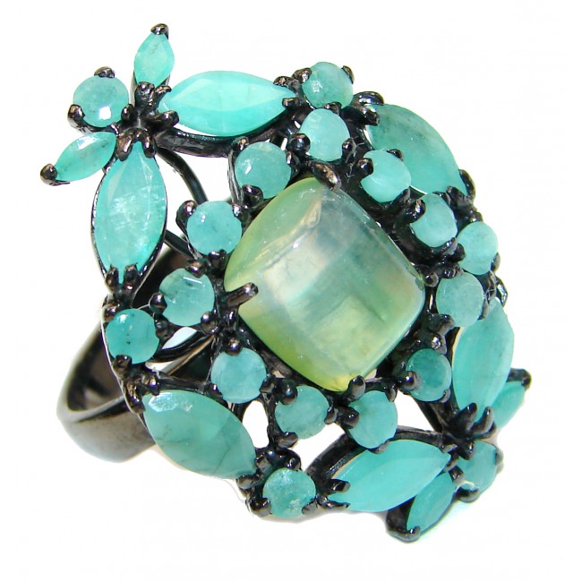 Ravishing Green HUGE Emerald Prehnite black rhodium over .925 Sterling Silver handcrafted Statement Ring size 9