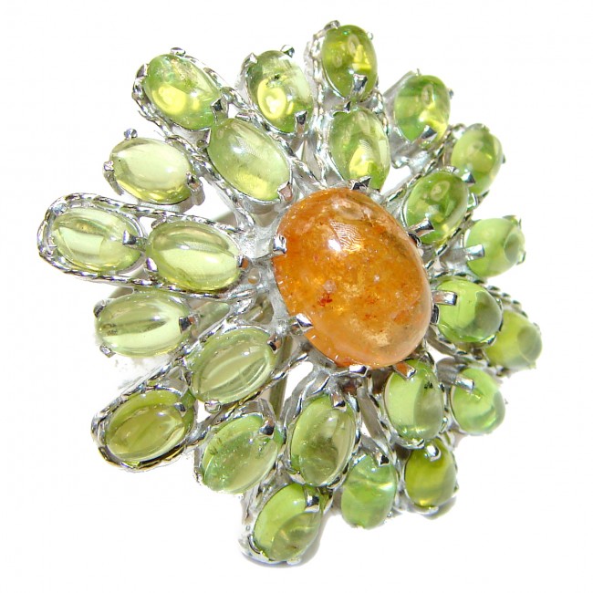 Large Genuine yellow Sapphire Peridot .925 Sterling Silver handcrafted Statement Ring size 7 1/2