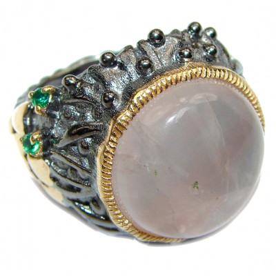 Luxurious Genuine Rose Quartz Emerald .925 Sterling Silver handcrafted Statement Ring size 6 1/4