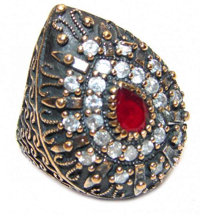 Large Victorian Style created Ruby & White Topaz Sterling Silver ring; s. 6 1/4