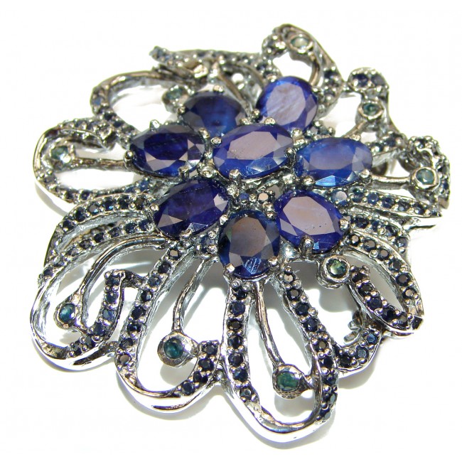 Real Vintage style Beauty Natural Sapphire black rhodium over .925 Sterling Silver Pendant Brooch