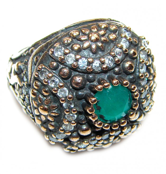 Victorian Style created Emerald & White Topaz Copper over Sterling Silver ring; s. 5 1/4