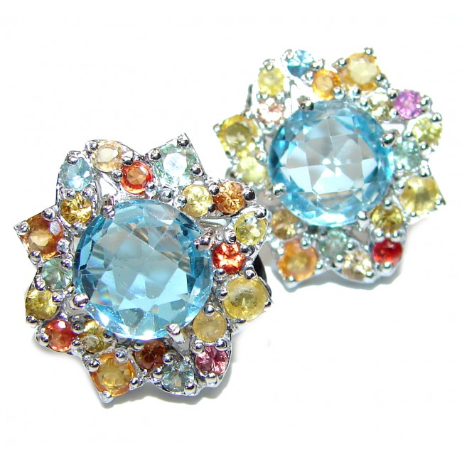 Incredible Swiss Blue Topaz multicolor Sapphire .925 Sterling Silver handcrafted HUGE earrings