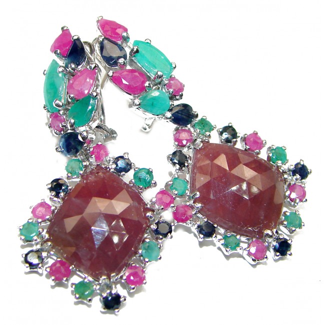 Incredible quality Ruby Emerald Sapphire .925 Sterling Silver handcrafted earrings