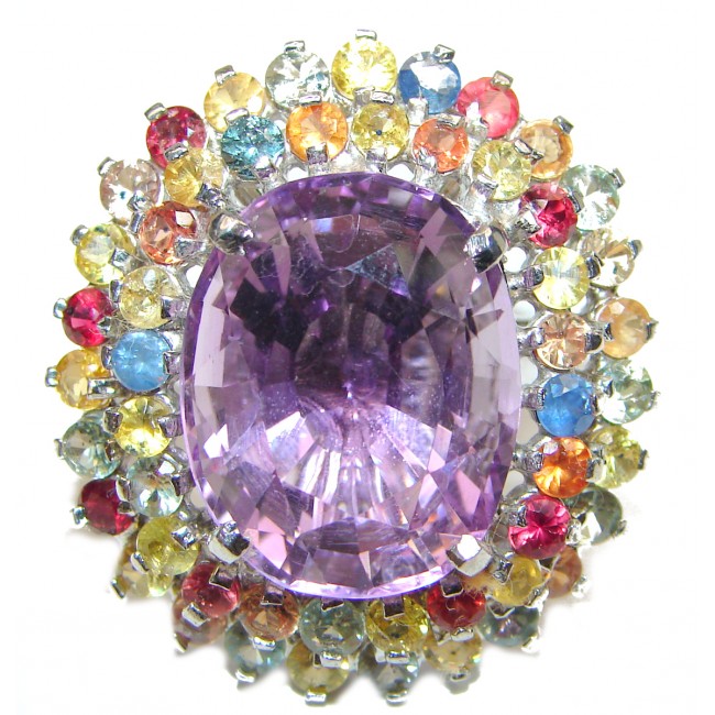 Red Carpet Style genuine Pink Amethyst multicolor Sapphire .925 Sterling Silver handcrafted Ring size 8