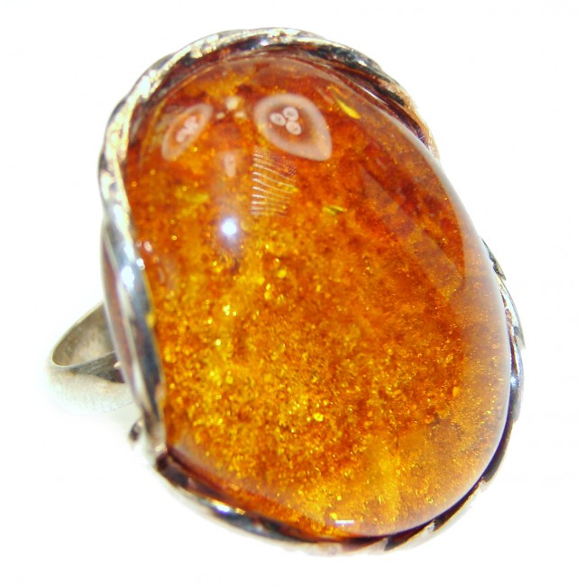 Vintage Design Genuine Polish Amber .925 Sterling Silver handmade LARGE ring size 7 adjustable
