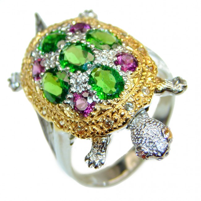 Good health and Long life Turtle 18ctw Genuine Chrome Diopside 24K Gold over .925 Sterling Silver handmade Ring size 7 1/2