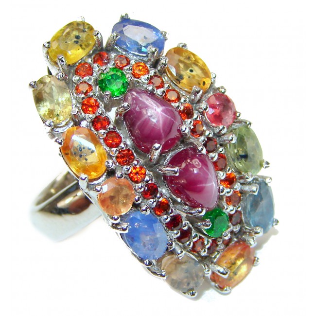 Genuine Ruby Star multicolor Sapphire .925 Sterling Silver handmade LARGE Cocktail Ring s. 8 1/4