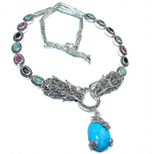 MASSIVE Dragons Genuine Turquoise Marcasite .925 Sterling Silver handmade handcrafted Necklace