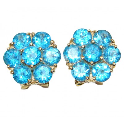14K yellow Gold Six-Petal Flower 8.12 carat Swiss Blue Topaz Earrings