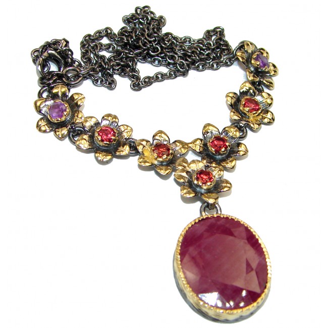 Victorian Style Kashmir natural Ruby .925 Sterling Silver handmade necklace